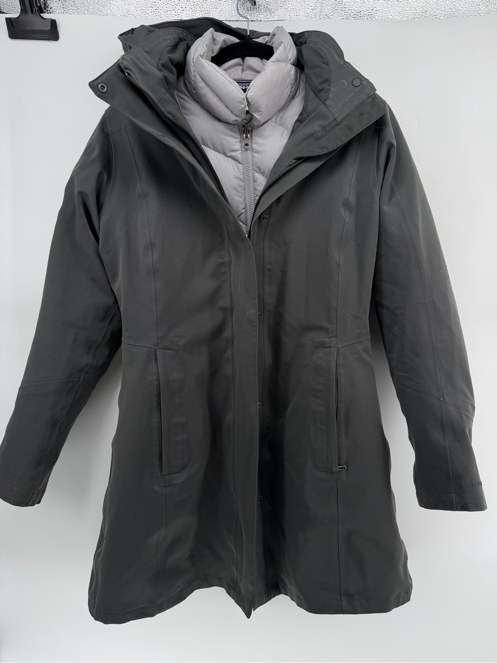 Patagonia Dark Gray 3-in-1 Hooded Trench Coat with Light Gray Removable Liner